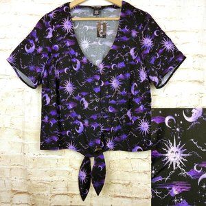 Hot Topic Purple Celestial Tie Front Button Up Top Womens Plus 1 Black Goth 90s